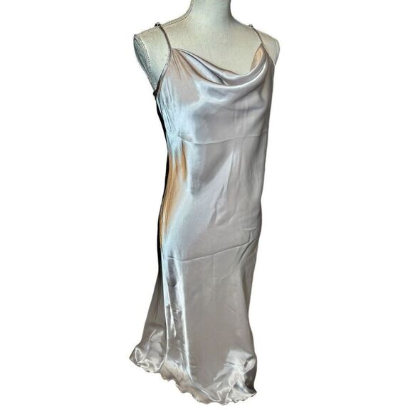 Bebe Women’s Satin Cowl Neck Slip Midi Dress Silver Fairy Size Large - Picture 7 of 9